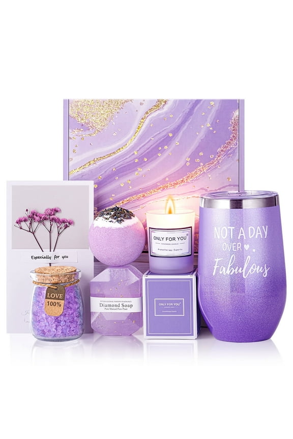 Gifts for Women, Mom, Wife, Girlfriend, Sister, Friends, Her - Unique Birthday, Christmas, Valentine's Day, Mothers Day Gifts - Initial Lavender Spa Gift Basket Set (purple)