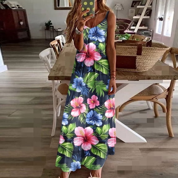Gifts for Women Rvkxad Sundresses for Women Under $10 Floral Print Loose Spaghetti Strap Sundress Sleeveless Summer Casual V Neck Boho Travel Vacation Long Maxi Dress