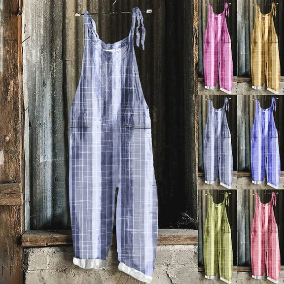 Gifts for Women! Xuniizn Jumpsuits for Women Summer Casual Loose Round Neck Spaghetti Strap Wide Leg Beach Rompers with Pockets Breathable Checkered Overalls
