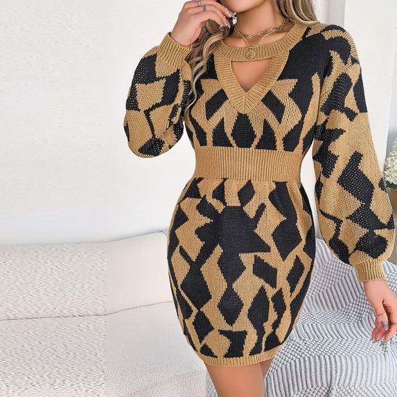 Gifts Womens Dresses Knitted Dresses for Women Winter Long Sleeve Elastic Waist Cozy Sweater Dress Fashion Camouflage Party Club Keyhole Bodycon Mini Dresses Weekly