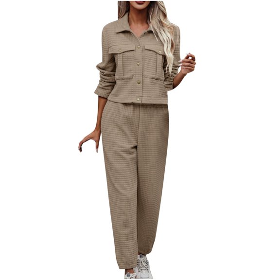 Usmixi Lounge Set for Women 2 Piece Outfits for Women Knitted Button Lapel Shirt Jacket and Wide Leg Long Pant Matching Set Casual Solid Coat 2 Piece Set with Pocket Holiday