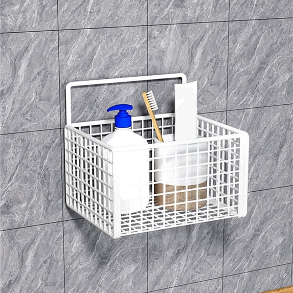 Gifts YYV Metal Wall Basket Storage Rack With 2 Hooks Kitchen Bathroom Organizer Shelf For Seasonings Toiletries And Sundries Rust-Resistant Durable Hanging Basket, Wall Basket