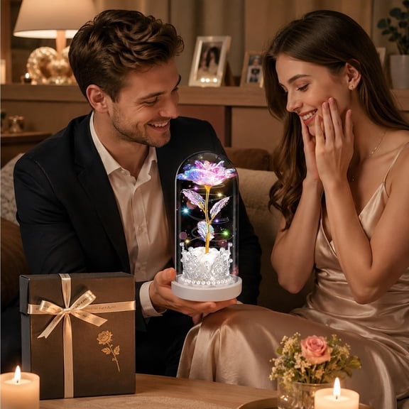 Gifts YYV Preserved Rose Glass Dome Night Light, Romantic LED Floral Lamp Gift For Valentines Day Birthday Or Anniversary, 1-Pack