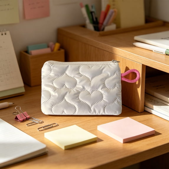 Gifts YYV Quilted Heart Makeup Bag Small Pouch Cute Quilted Cosmetic Organizer Lightweight Portable Coin Earbud Case for Girls Students Travel Toiletry Lipstick Brush Storage