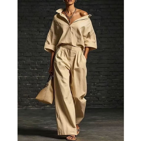 Gifts YYV Two Piece Sets for Women Casual Two Piece Outfit Oversized Button Down Shirt High Waist Pleated Wide Leg Pants Matching Tracksuit Set Khaki XXXL
