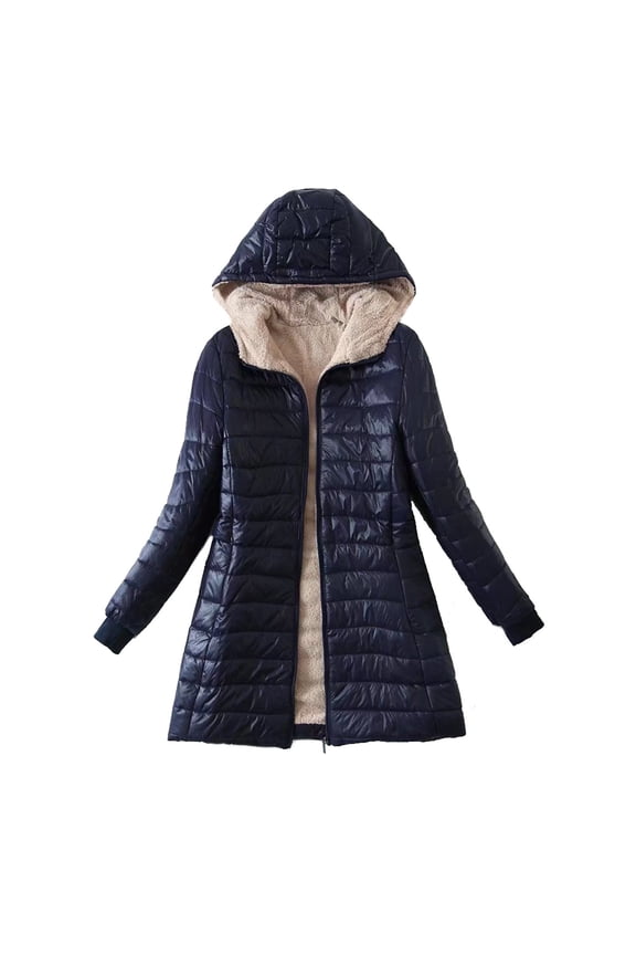 Gifts for All Women Lightweight Puffer Jacket Plus Size Quilted Coat Hooded Packable Fleece Winter Warm Waterproof Mid Length Coats