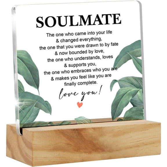 Gifts for Boyfriend Girlfriend Husband Wife, Romantic Quote Soulmate Clear Acrylic Sign with Wood Stand Table Sign Decoration 4x4 Inch