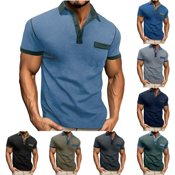 Gifts for Dad! BiZtdJrK Men's Casual Polos Shirts Colorblock Button Down Lapel Short Sleeve Tees Shirt Muscle Golf Tops with Pocket Dark Gray L