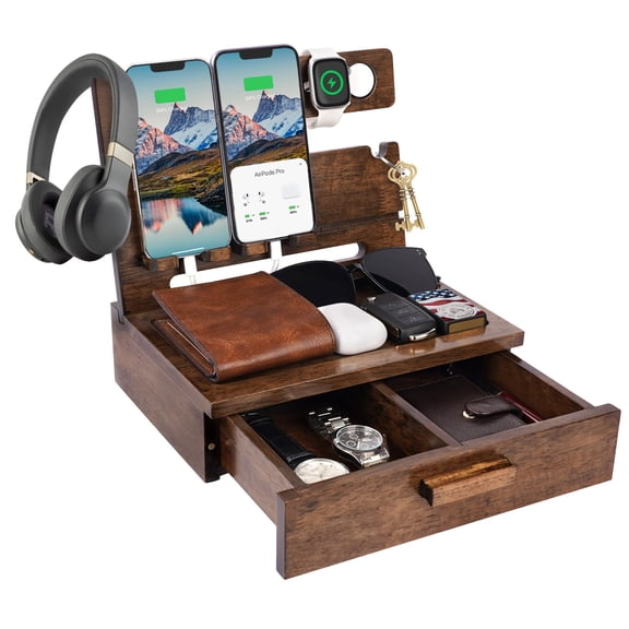 Gifts for Dad Fathers Day from Daughter Son, Wood Phone Docking Station with Drawer Nightstand Organizer for Men, Anniversary Birthday Gift