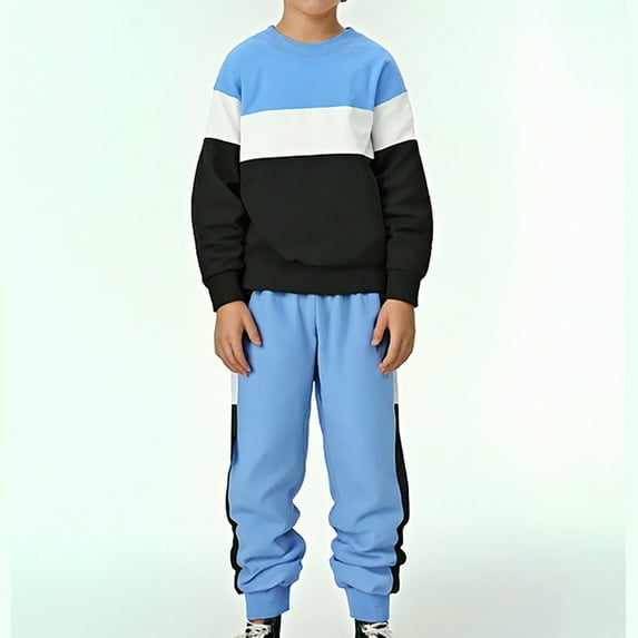 Gifts for Family Children's Casual Color Blocked Sweatshirt And Pants Two-piece Set Long Sleeved Round Neck Top/shirt Set Blue 6-7 Years