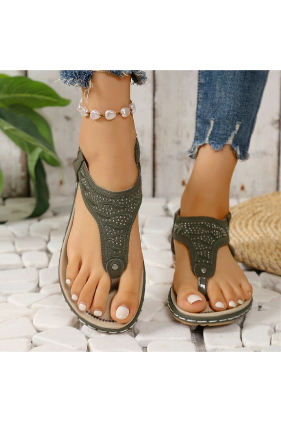 Summer Sandals for Women Large Size New Toe Clip Rhinestone Sandals Elastic Flat Shoes