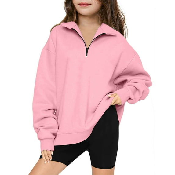 Gifts for Family Clearance 5-14 Years Middle Big Girls Half Zip V-neck Sweatshirt Long Sleeve Pullover Tops Kids Fleece Sweatshirts Pink 13 Years