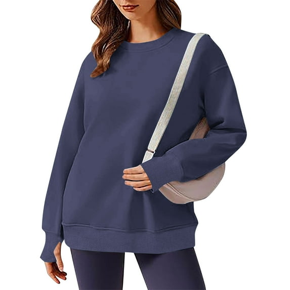 Gifts for Family Clearance Women's Ladies' Fashionable Casual Solid Color Long Sleeved Round Neck Sweatshirt with Pocket Navy M