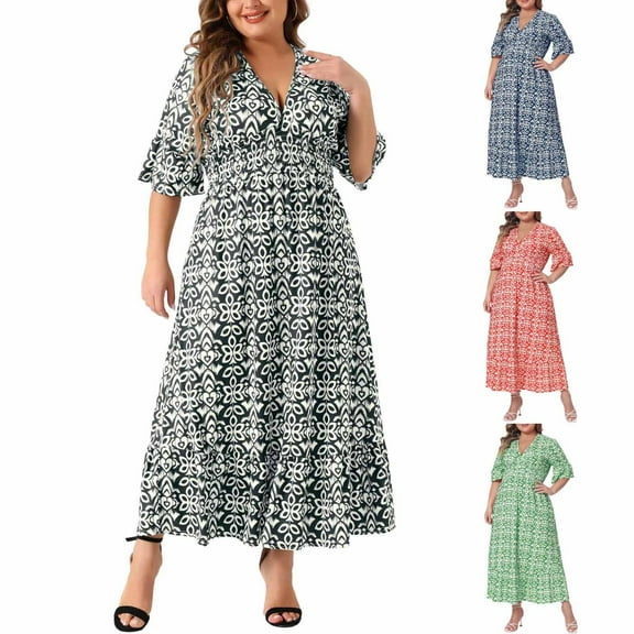 Dresses for Women Summer Sexy Fashion Large Size Printing Short Sleeve V-Neck Dress