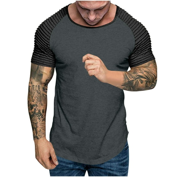 Gifts for Family Mens Clothes, Fashionable Men's Spliced Solid Color Sports And Casual Round Neck Top L, Dark Gray
