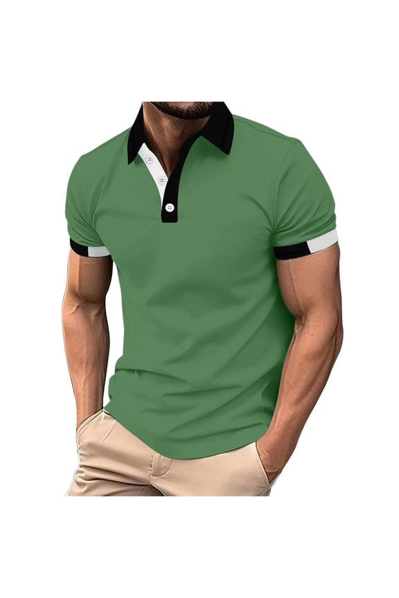 Gifts for Family Shirts for Men, Men's Pullover Color Block Button Short Sleeve Turndown Collar Blouse Shirt 2XL, Green