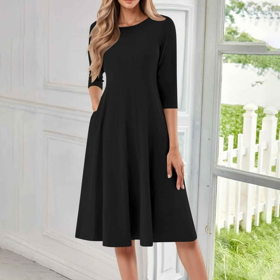 Summer Casual Dresses for Women, Women Fashion Casual Pleated-cent Sleeve Round-Neck Solid Dress