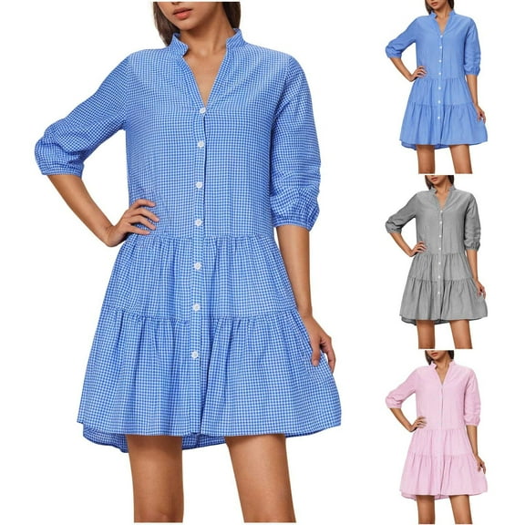 Gifts for Family Women Casual Summer Dresses Ladies' Printing V-neck Long Sleeves Close Up Button Double Layered Dress