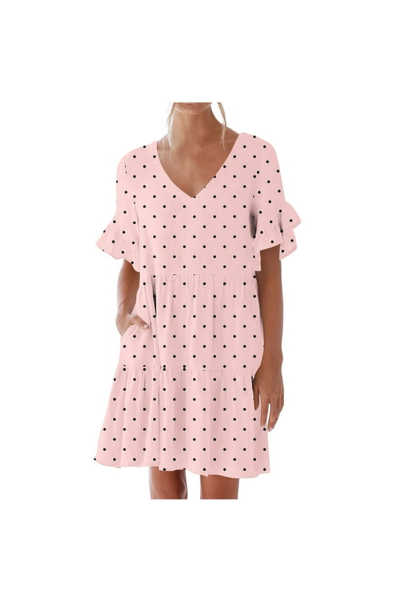 Women Casual Summer Dresses Dress Sweet Cute V-Neck Dress Pocket Short Sleevele Ruffle Dress