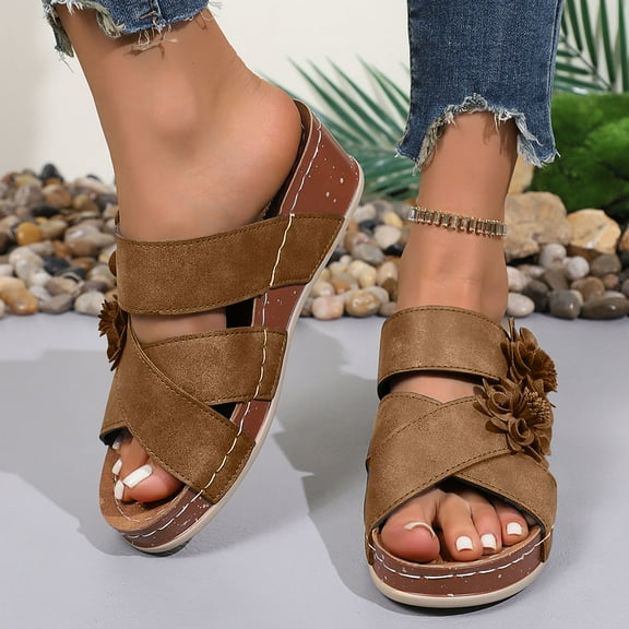 Women's Fashion Sandals Casual Summer Solid One-Line Flower Beach Sandals Wedge Heel Thick Bottom Slippers