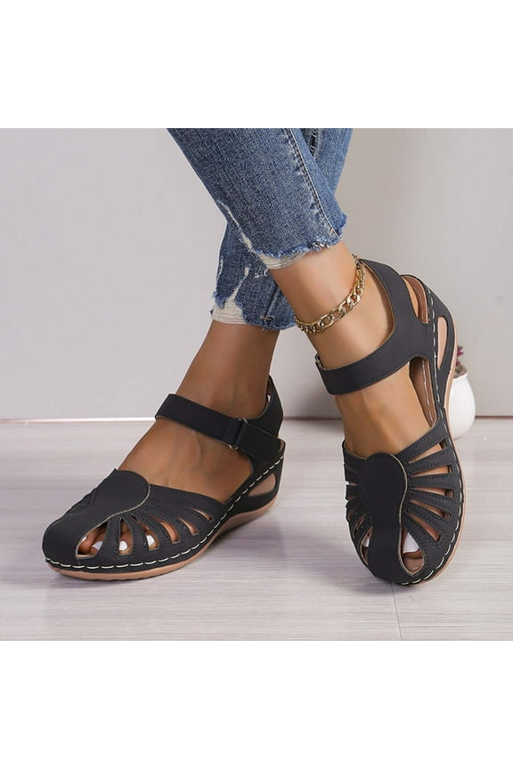 Womens Sandals Summer New Large Size Daily Hollow Bun Midheel Paste Women's Wedge Sandals
