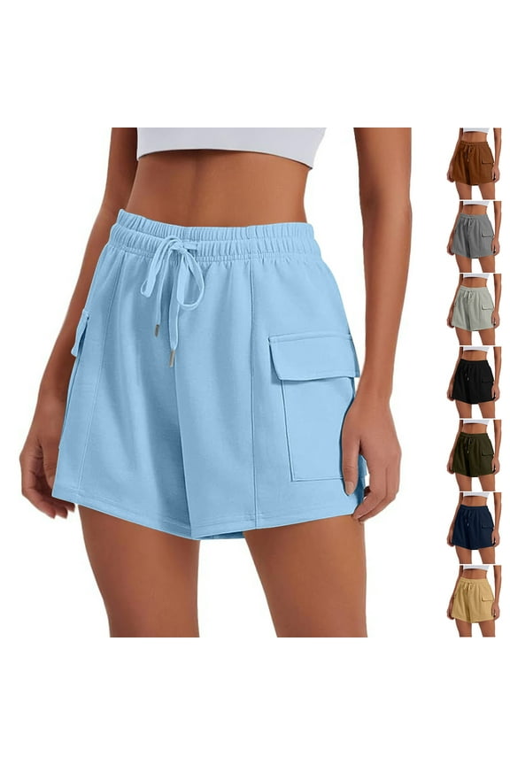 Gifts for Family Womens Shorts Women Casual Solid Pants Drawstring Waist Athletic Gym Shorts With Pocket Light Blue S