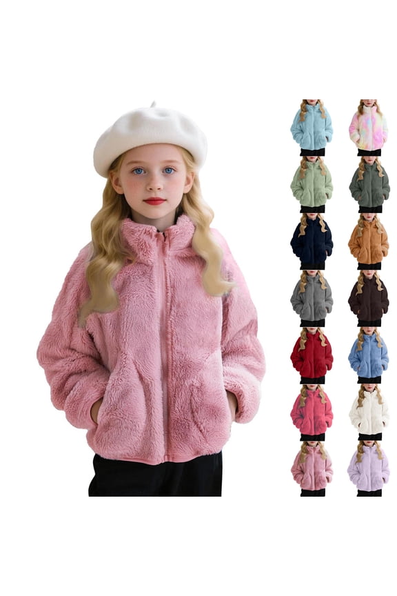 Gifts for Girls Horkkom Girls Fleece Jacket Zip up Solid Color Coat Fall Winter Warm Outwear with Pockets 6 Y