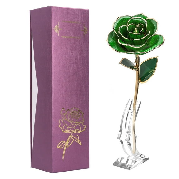 Gifts for Girls and Women 24K Gold Plated Rose Flower Pink Green Leaf Decoration with Base for Valentine's Day Mother's Day
