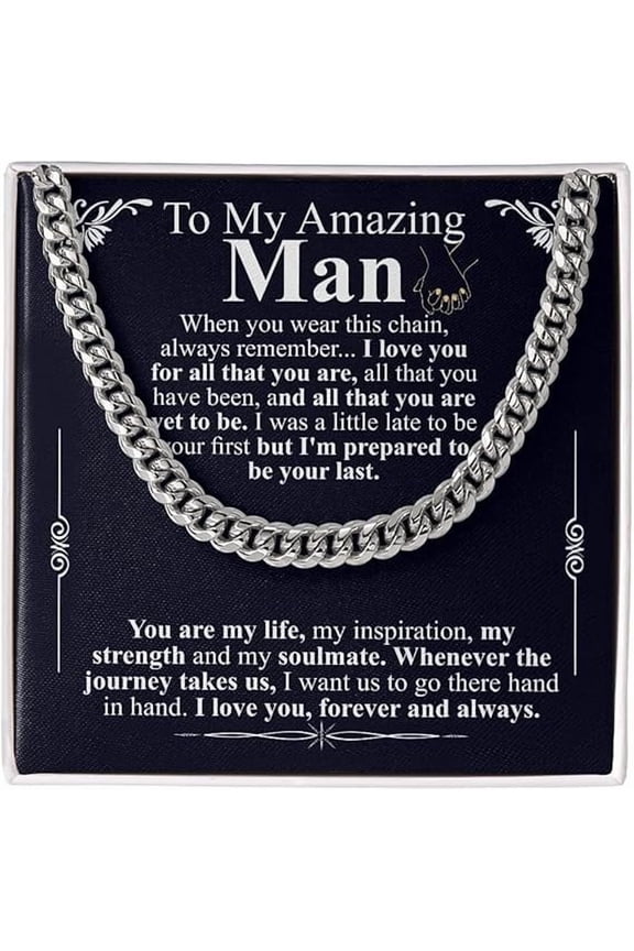 Gifts for Husband Boyfriend Cuban Link Chain Necklace, Christmas Anniversary Birthday Gift To My Man, Couples Present Message Card Box