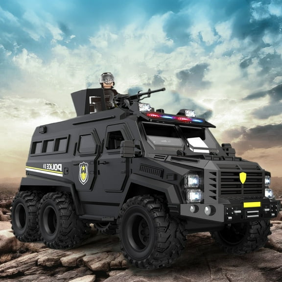 Gifts for Kids! Fwttom Toy Cars, Large Six-Wheel Off-Road Swat Car Toy Car Inertias Sound and Light Polices Car Model Boy Gift Toy Car