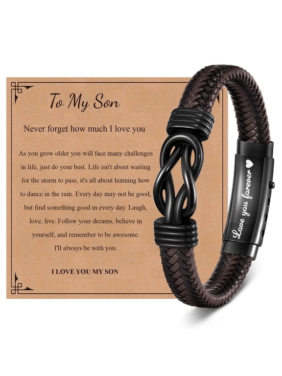 Gifts for Men Infinity Knot Braided Leather Bracelet for Son, Forever Love to My Son Bracelets, Birthday Christmas Holiday Jewelry Gift for Him