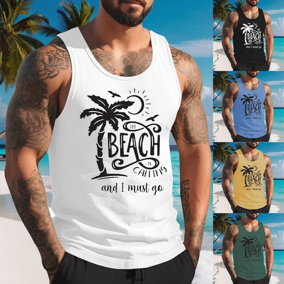 Gifts for Men! LINGLANG Mens Lightweight Sleeveless Tank Top Palm Tree Graphic Hawaiian Style