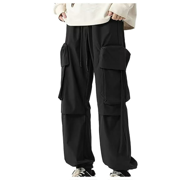Gifts for Men! Titcea Cargo Pants for Men Elastic Waist Drawstring Zipper Solid Color Straight Jogger Pants with Pockets Running Hiking Travel Pants