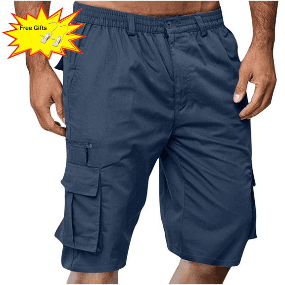 Titcea Men's Shorts Elastic Waist Straight Buttons Zipper Solid Color Cargo Shorts Summer Casual Work Shorts with Pockets