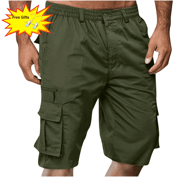 Titcea Men's Shorts Elastic Waist Straight Buttons Zipper Solid Color Cargo Shorts Summer Casual Work Shorts with Pockets