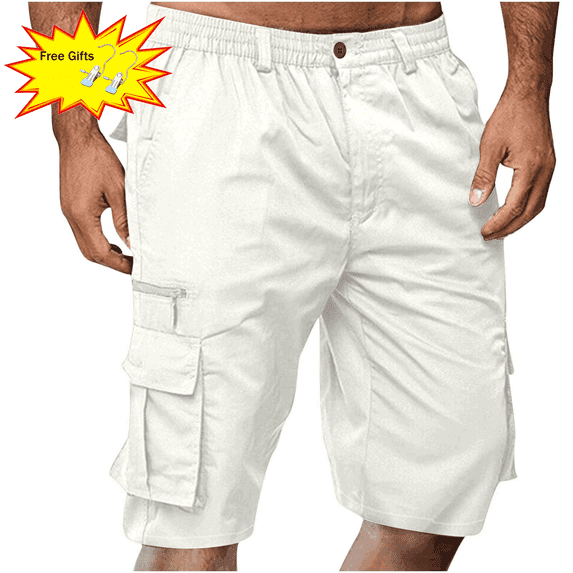 Titcea Men's Shorts Elastic Waist Straight Buttons Zipper Solid Color Cargo Shorts Summer Casual Work Shorts with Pockets, Gifts for Men