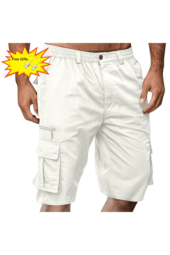 Men's Shorts Elastic Waist Straight Buttons Zipper Solid Color Cargo Shorts Summer Casual Work Shorts with Pockets