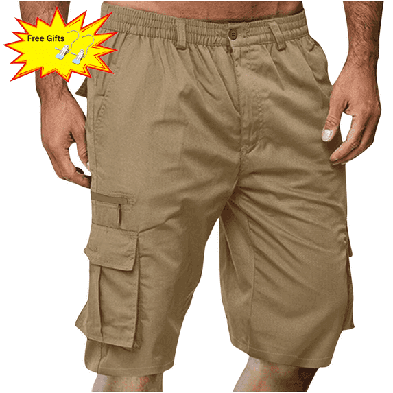 Titcea Men's Shorts Elastic Waist Straight Buttons Zipper Solid Color Cargo Shorts Summer Casual Work Shorts with Pockets