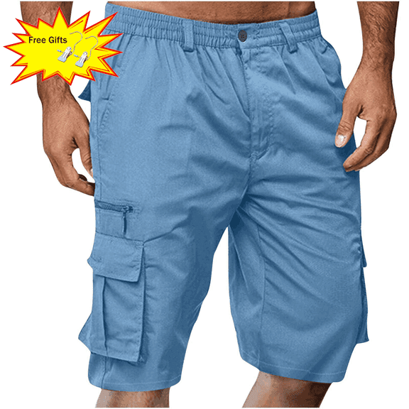 Titcea Men's Shorts Elastic Waist Straight Buttons Zipper Solid Color Cargo Shorts Summer Casual Work Shorts with Pockets