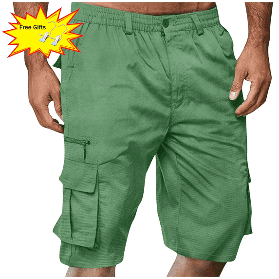 Titcea Men's Shorts Elastic Waist Straight Buttons Zipper Solid Color Casual Cargo Shorts Summer Trendy Work Shorts with Pockets