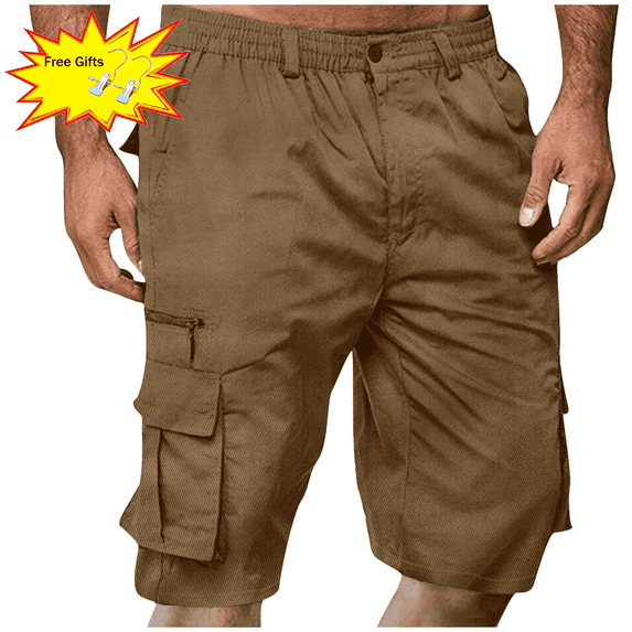 Titcea Men's Shorts Elastic Waist Straight Buttons Zipper Solid Color Casual Cargo Shorts Summer Trendy Work Shorts with Pockets