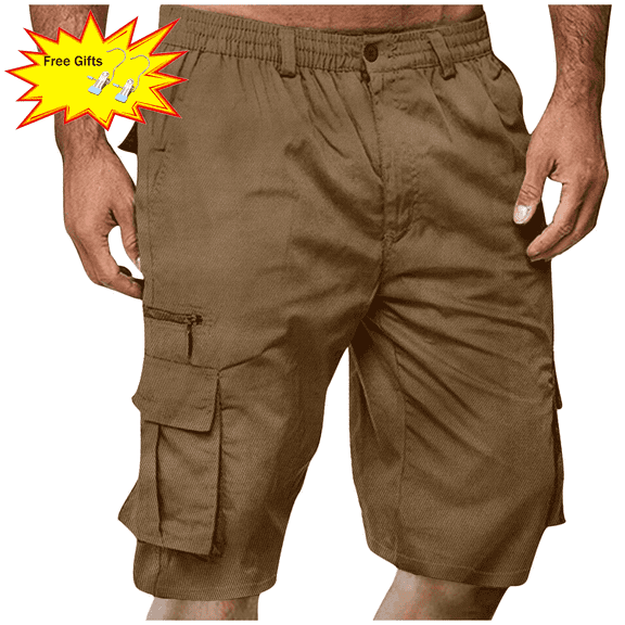 Titcea Men's Shorts Elastic Waist Straight Buttons Zipper Solid Color Casual Cargo Shorts Summer Trendy Work Shorts with Pockets