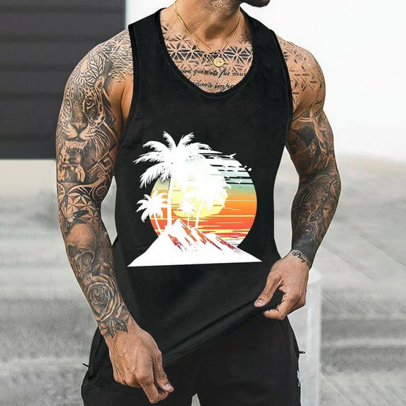 Gifts for Men! Titcea Mens Tank Top Palm Tree Printed Round Neck Sleeveless T Shirts Hawaiian Beach Holiday Running Workout Summer Casual Tank Tops