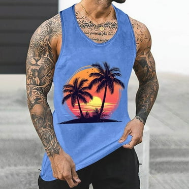 Gifts for Men! Titcea Mens Tank Top Palm Tree Printed Round Neck Sleeveless T Shirts Hawaiian Beach Holiday Running Workout Summer Casual Tank Tops