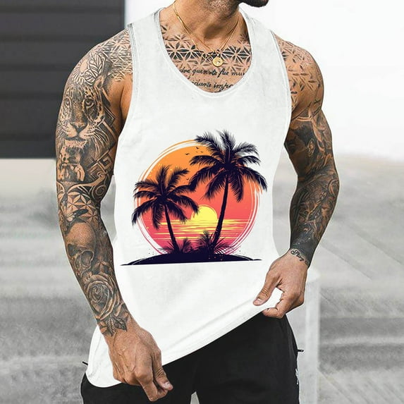 Gifts for Men! Titcea Mens Tank Top Palm Tree Printed Round Neck Sleeveless T Shirts Hawaiian Beach Holiday Running Workout Summer Casual Tank Tops