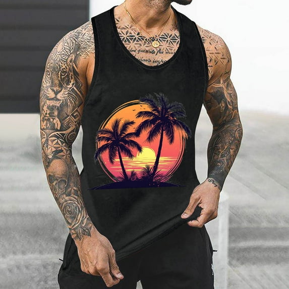 Gifts for Men! Titcea Mens Tank Top Palm Tree Printed Round Neck Sleeveless T Shirts Hawaiian Beach Holiday Running Workout Summer Casual Tank Tops