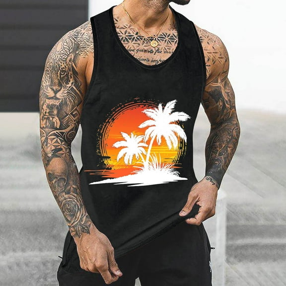 Gifts for Men! Titcea Mens Tank Top Palm Tree Printed Round Neck Sleeveless T Shirts Hawaiian Beach Holiday Running Workout Summer Casual Tank Tops