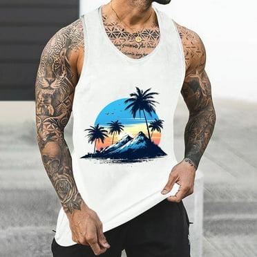 Gifts for Men! Titcea Mens Tank Top Palm Tree Printed Round Neck Sleeveless T Shirts Hawaiian Beach Holiday Running Workout Summer Casual Tank Tops