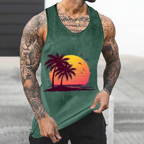 Gifts for Men! Titcea Mens Tank Top Round Neck Sleeveless Hawaiian Beach Graphic T Shirts Workout Running Summer Casual Tank Tops
