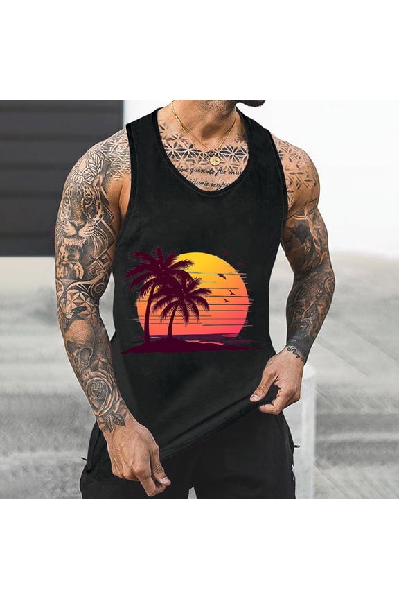 Gifts for Men! Titcea Mens Tank Top Round Neck Sleeveless Hawaiian Beach Graphic T Shirts Workout Running Summer Casual Tank Tops